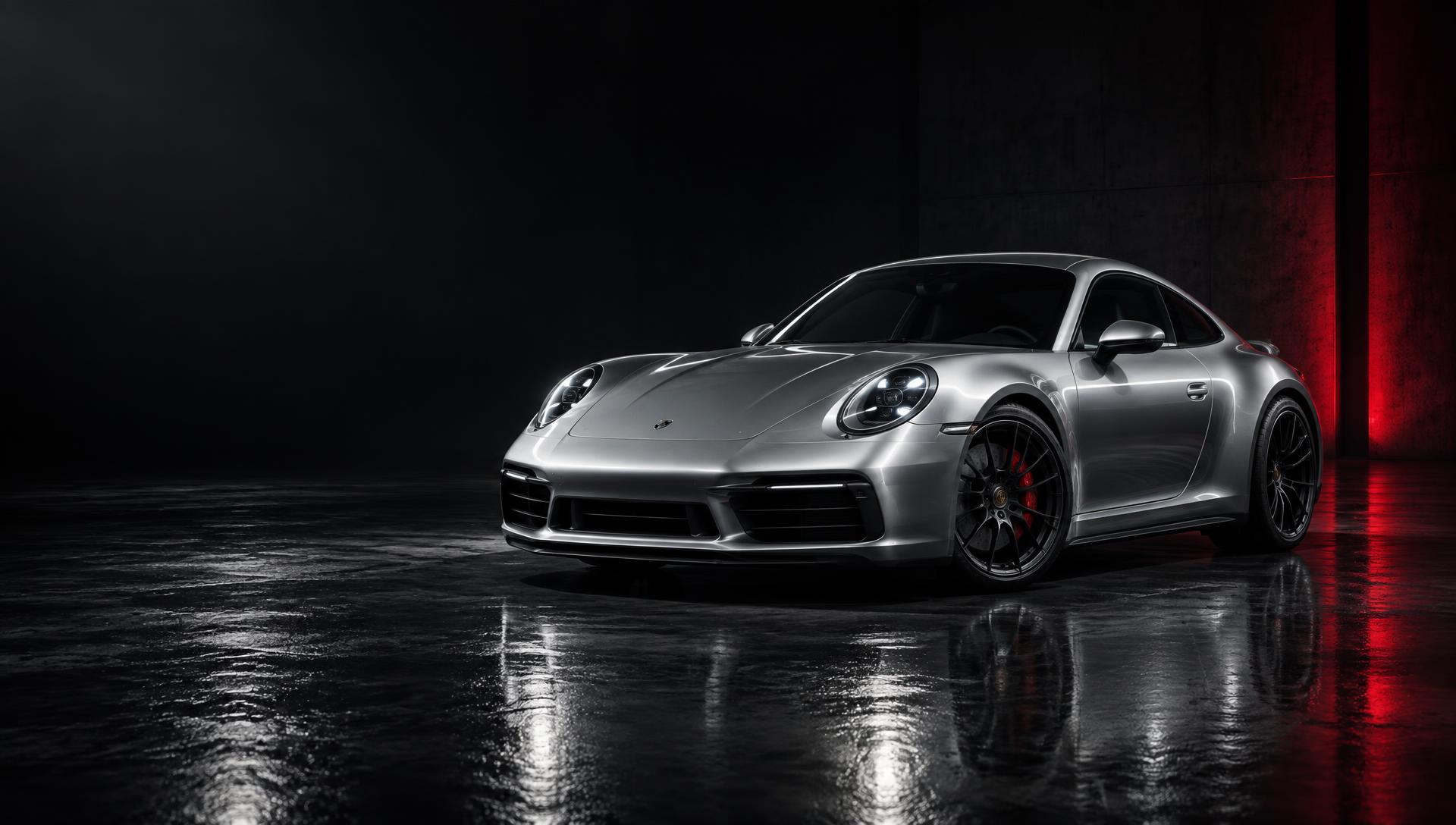 Silver Porsche 911 in a dark studio